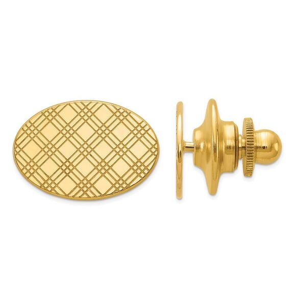 14K Yellow Gold Checkered Oval Lapel or Tie Pin 16 x 11mm